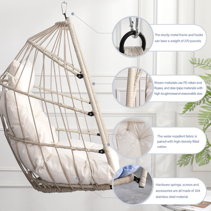 Boho Egg Swing Chair for Patio, All-Weather White PE Rattan