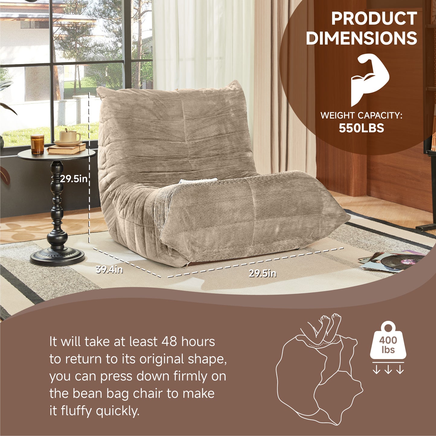 Bean Bag Chairs for Adults, BeanBag Reading Chair Memory Foam Couch, Floor Chair Soft Teddy Material, Comfy Reading Nook Chairs for Bedroom Living Room Office