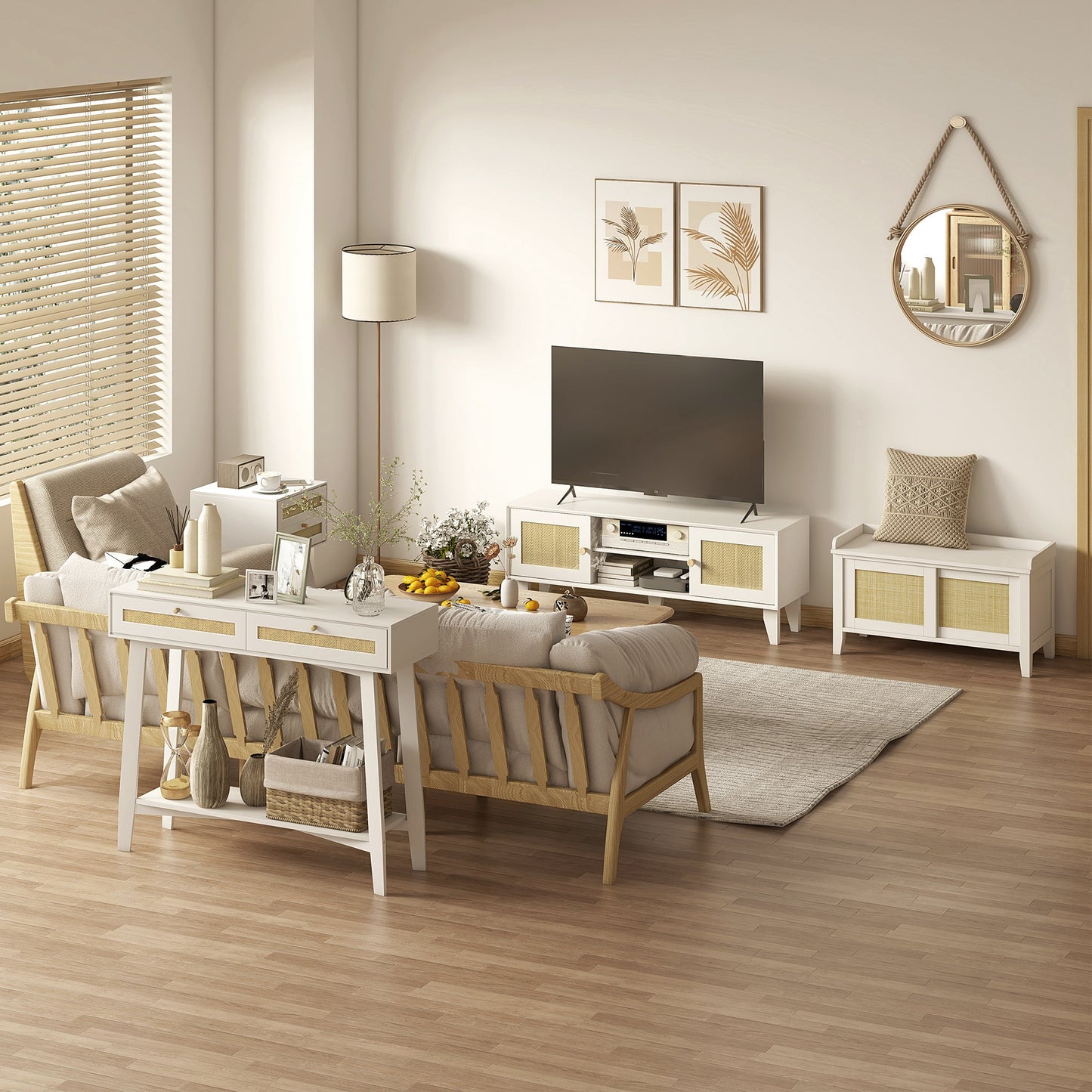 HOMCOM Boho Entryway Shoe Bench with Sliding Rattan Doors