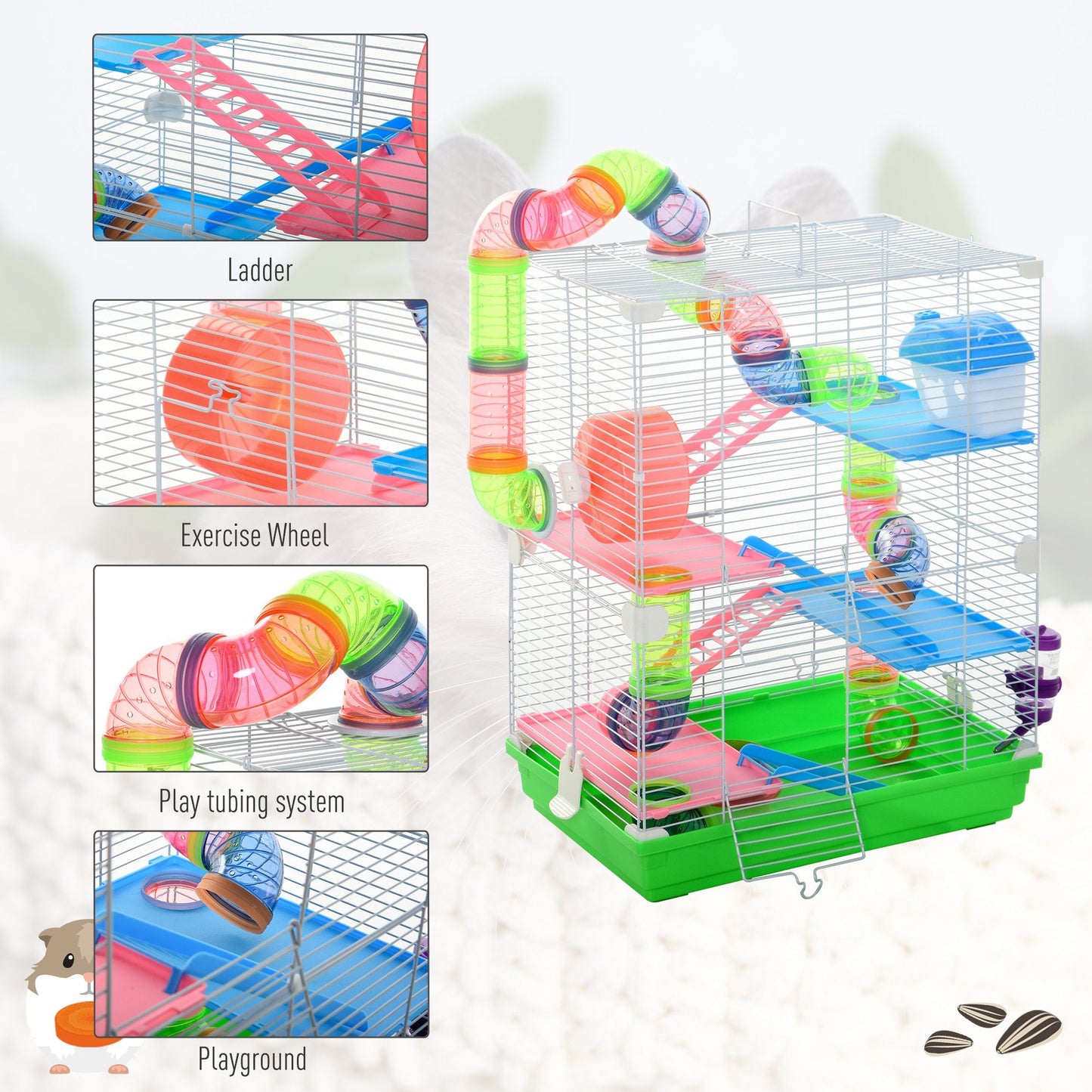 PawHut Portable 5-Tier Hamster Travel Cage with Wheel & Tube