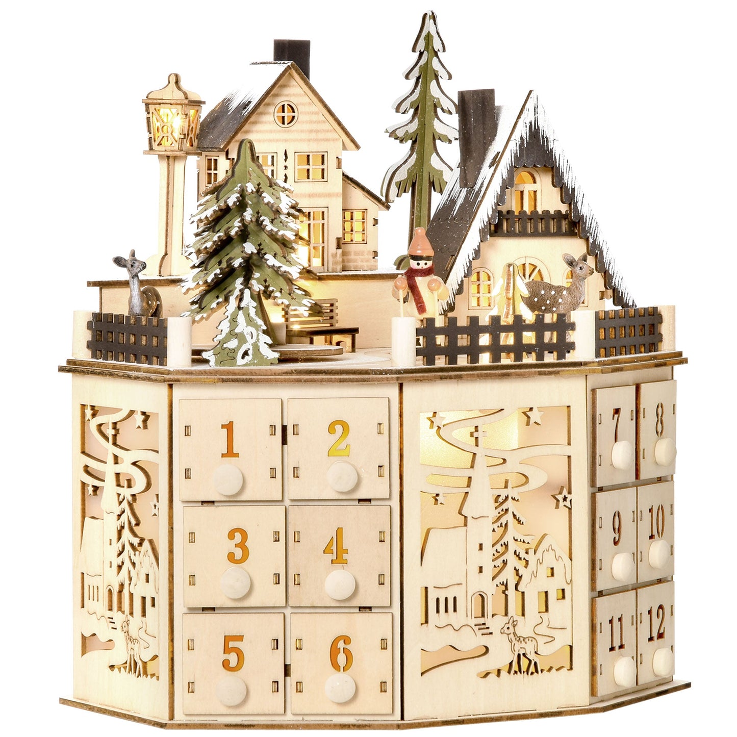 HOMCOM Natural Wood Tabletop Lighted Village Advent Calendar