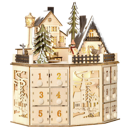 HOMCOM Natural Wood Tabletop Lighted Village Advent Calendar