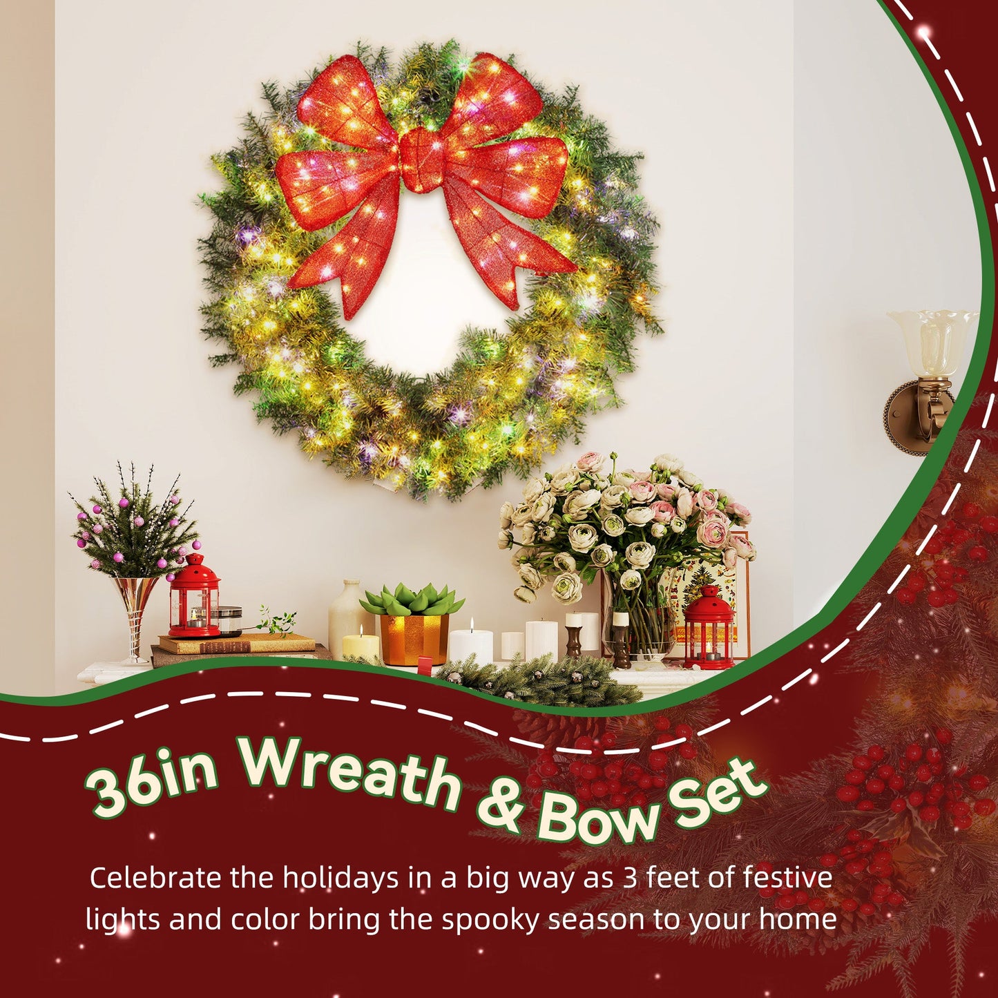 HOMCOM 36" Pre-Lit Christmas Door Wreath, Remote, 11 Modes