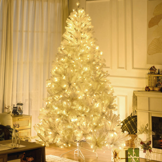 HOMCOM 7.5 Ft White Pre-Lit Christmas Tree for Home, Auto-Open
