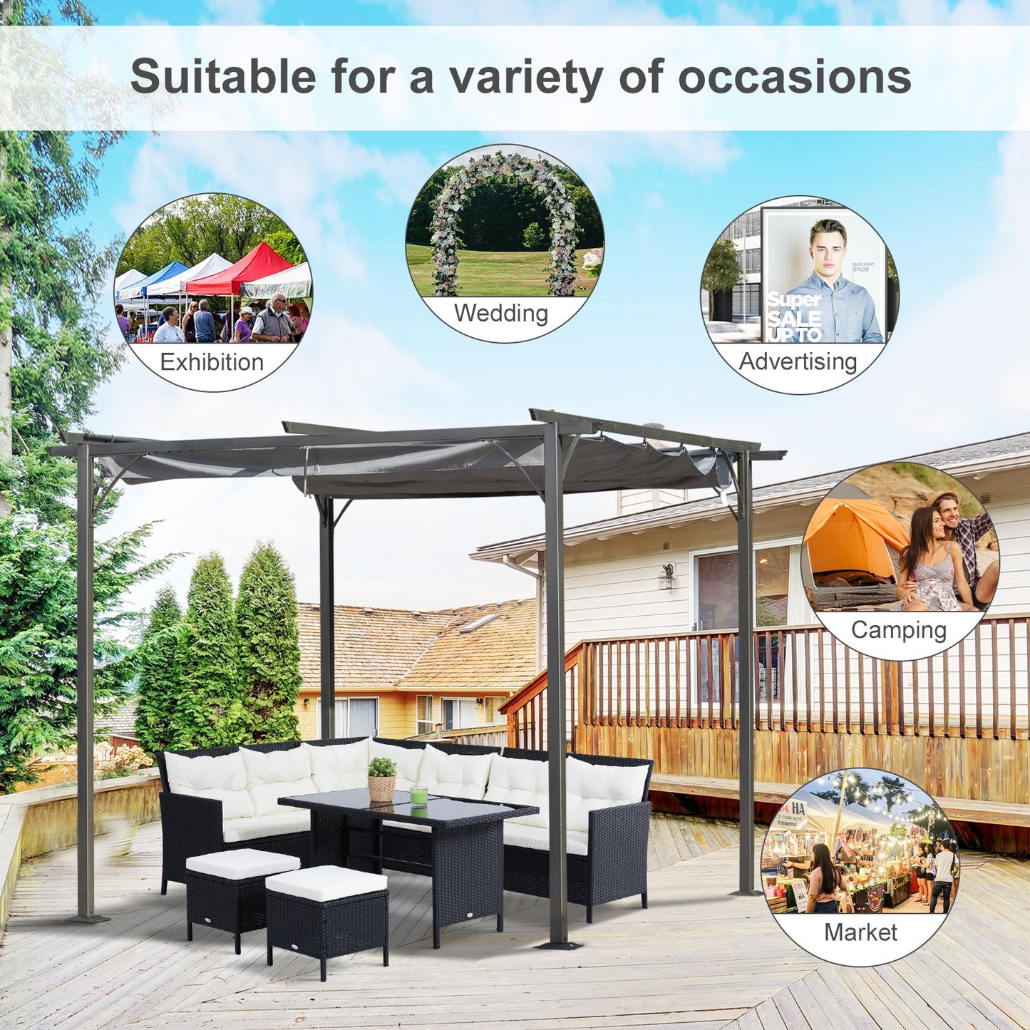 Outsunny 10x10 Metal Pergola for Patio, Retractable Shade