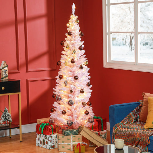 HOMCOM Pink Pre-Lit Pencil Christmas Tree for Small Spaces