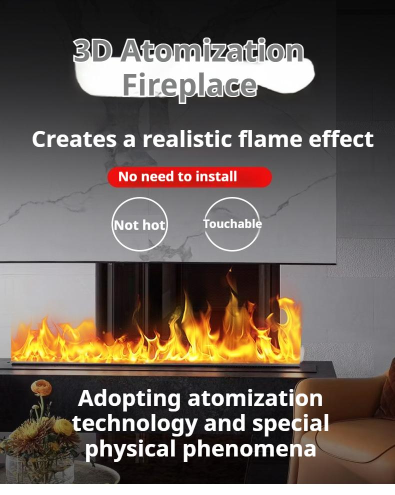 3D Atomizing Fireplace, Built-in Extra Long Simulated Flame, Electronic Humidifier, Platform Decoration