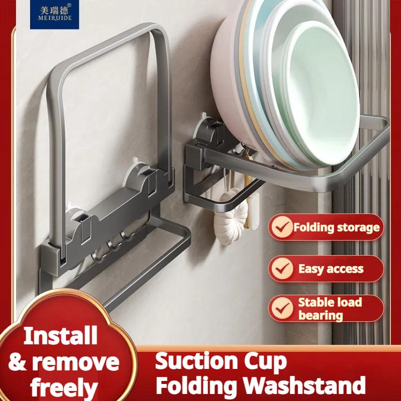 Toilet Hidden Suction Cup Basin Rack Punch-Free Wall-Mounted Bathroom Foot Basin Wash Basin Folding Wall Storage Rack