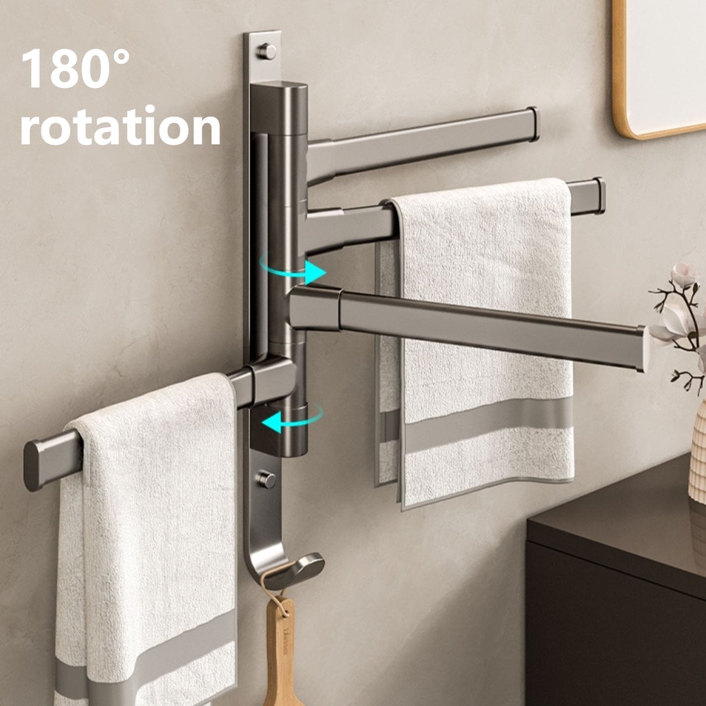 The bathroom rotating towel rack, a no-drilling option for the corner towel rail in the bathroom, is a convenient hanging rod for your lavatory, shower area, or toilet.