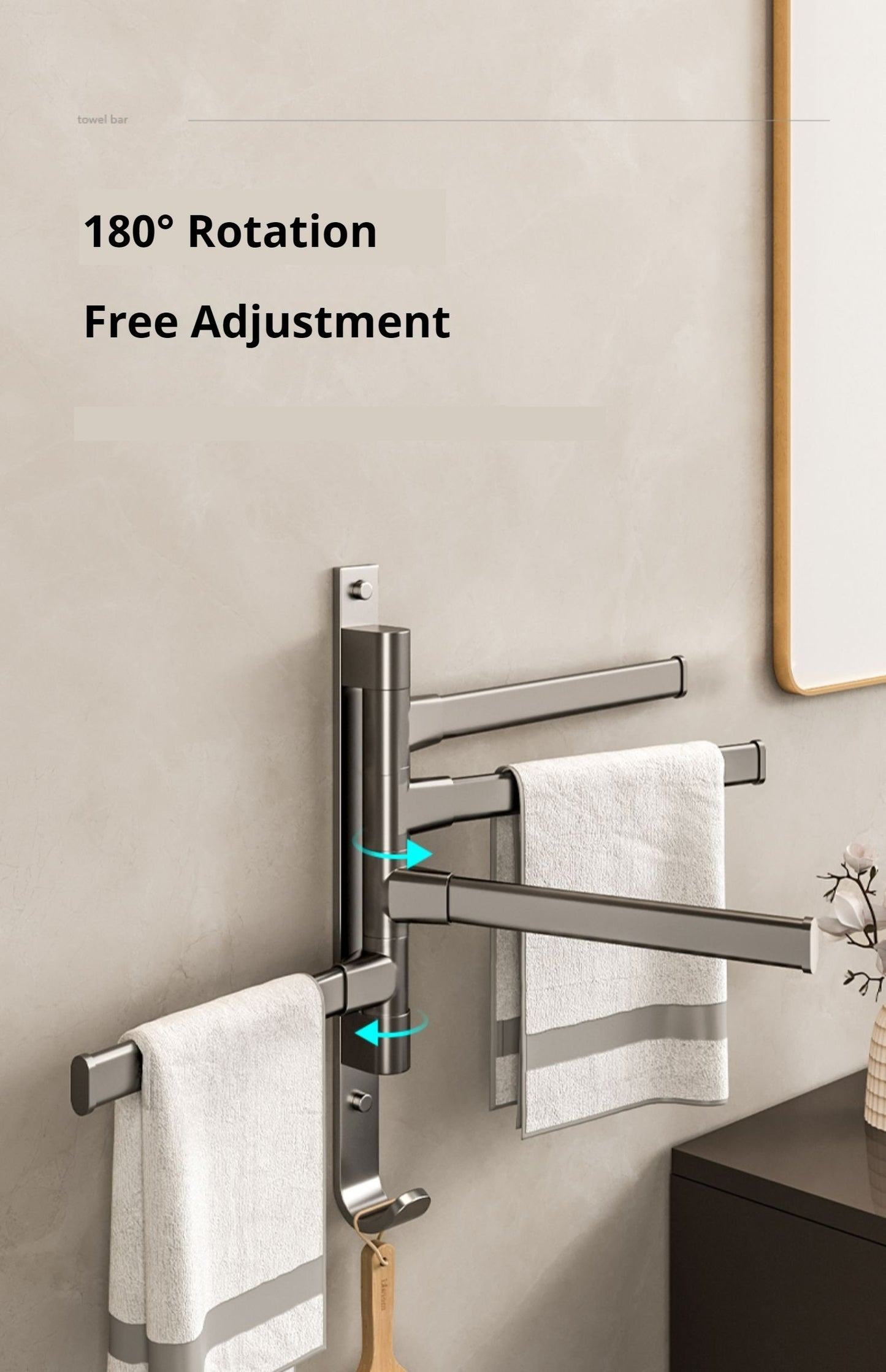 The bathroom rotating towel rack, a no-drilling option for the corner towel rail in the bathroom, is a convenient hanging rod for your lavatory, shower area, or toilet.