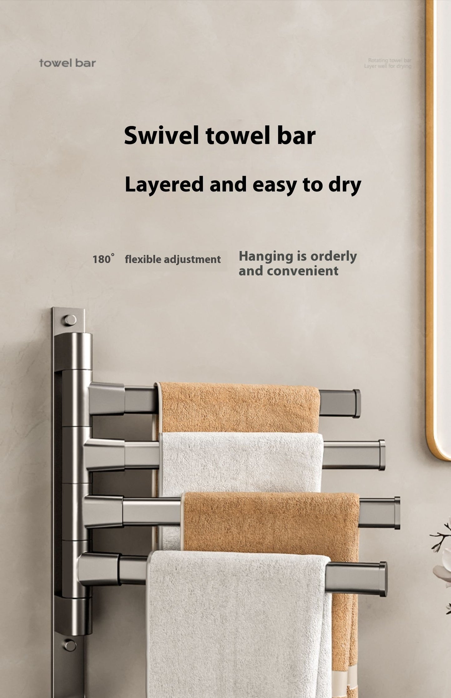 The bathroom rotating towel rack, a no-drilling option for the corner towel rail in the bathroom, is a convenient hanging rod for your lavatory, shower area, or toilet.