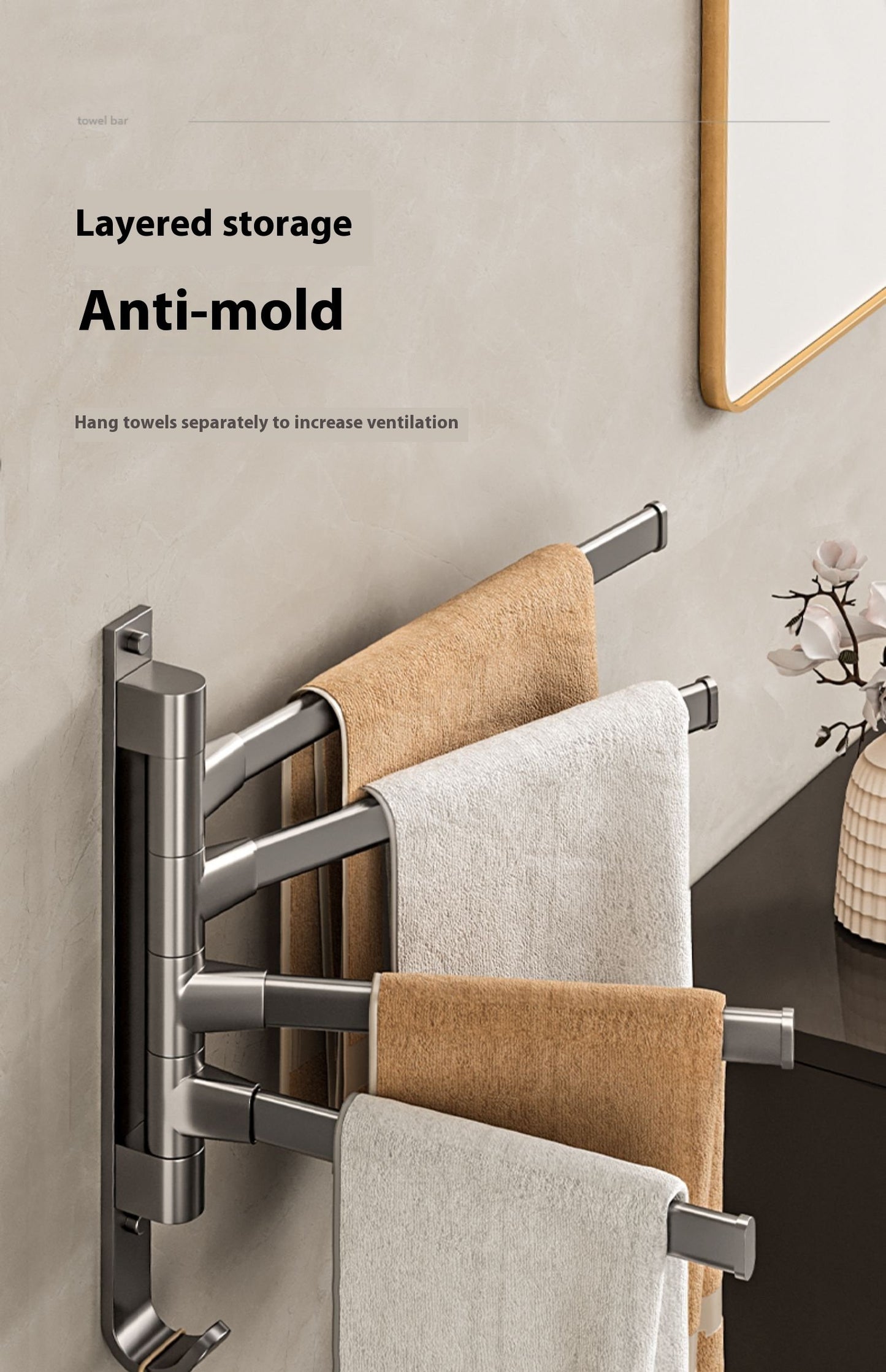 The bathroom rotating towel rack, a no-drilling option for the corner towel rail in the bathroom, is a convenient hanging rod for your lavatory, shower area, or toilet.