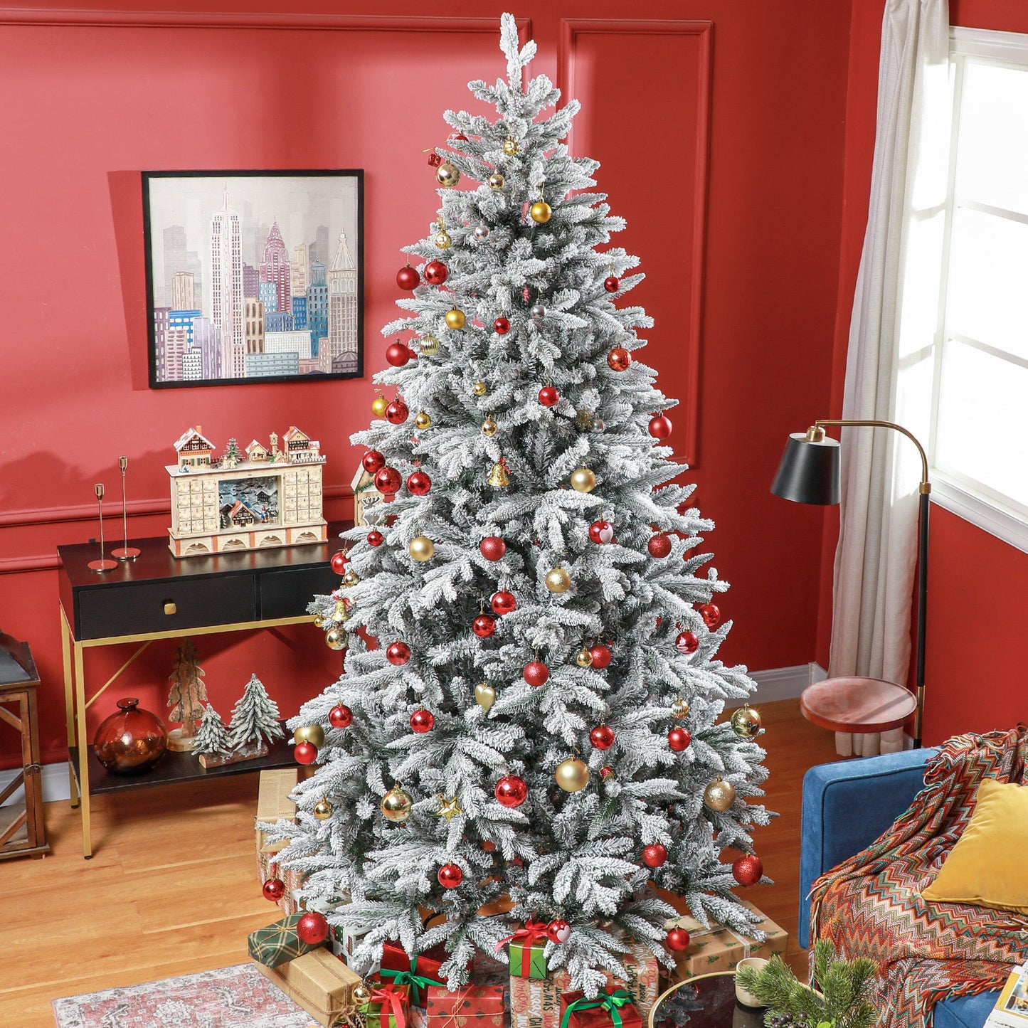 HOMCOM 8 Ft Flocked Christmas Tree, Easy Setup, Home/Office
