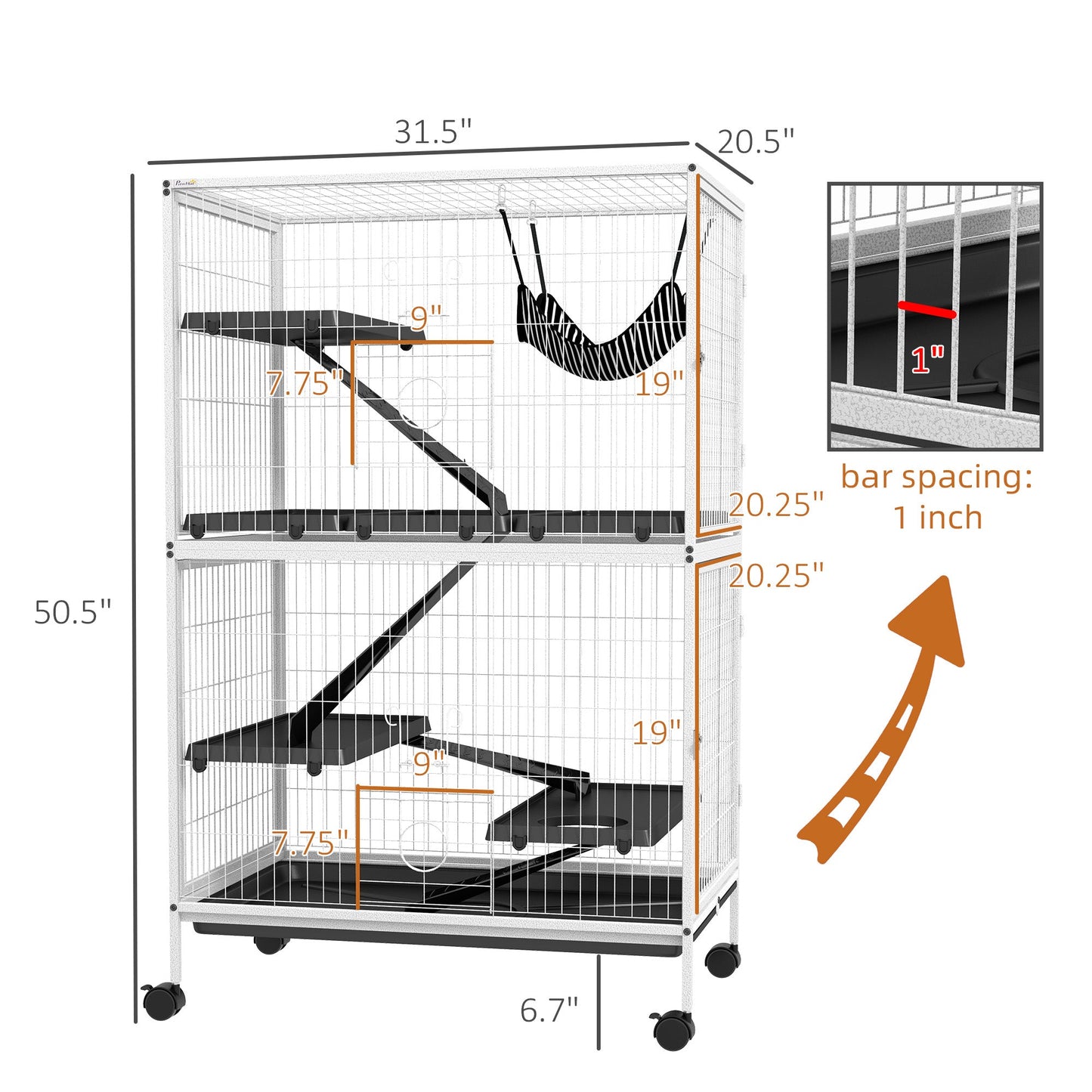 PawHut 50 in Rolling Small Animal Cage Indoor Hammock & Tray