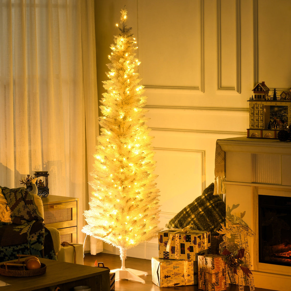 HOMCOM 6 Ft Slim White Pre-Lit Christmas Tree, Small Rooms