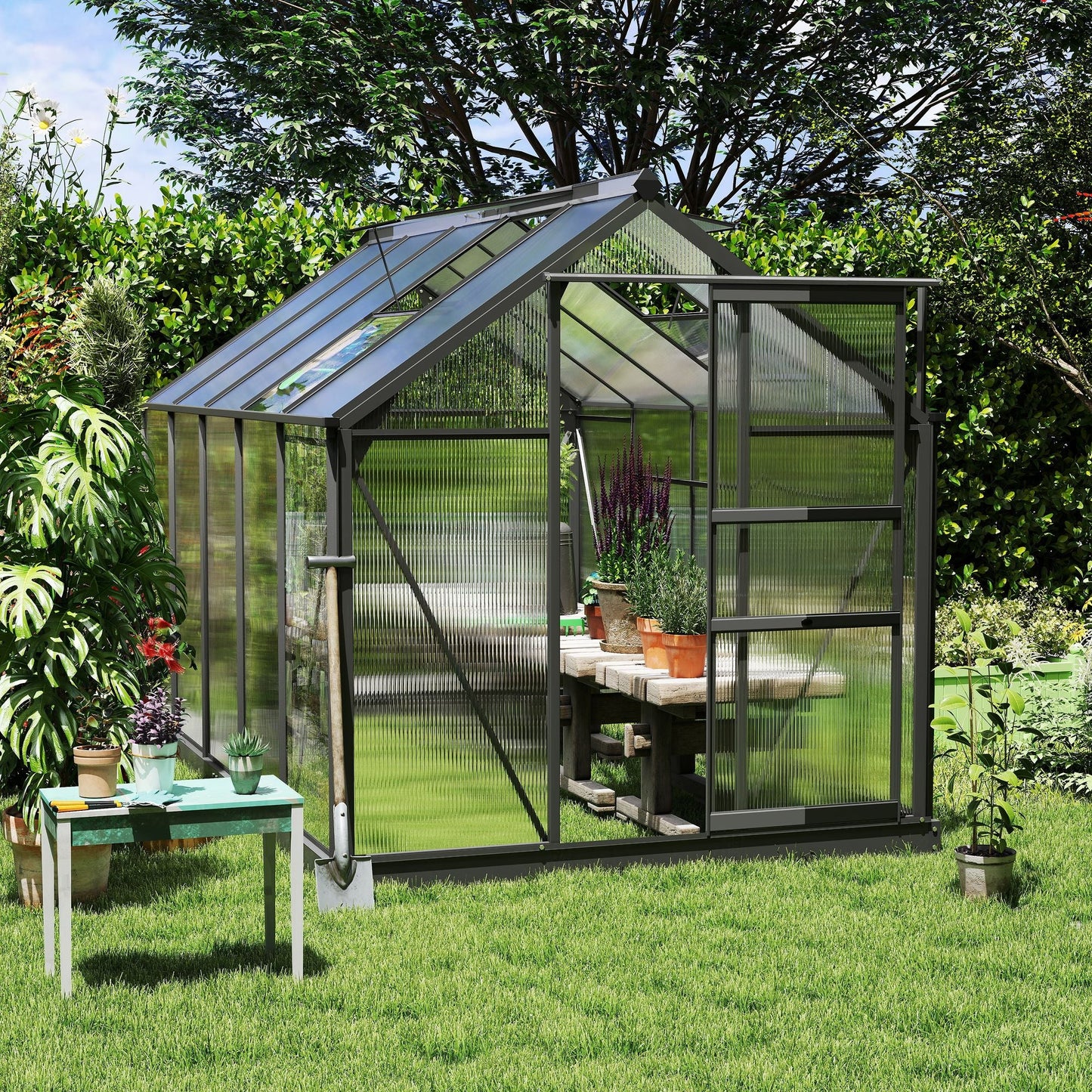 Outsunny 6' x 10' Greenhouse for Outdoors, Polycarbonate Greenhouse with Rain Gutter and Roof Vent, Aluminum Walk-in Green Houses for Outside for Patio Backyard Garden, Dark Green
