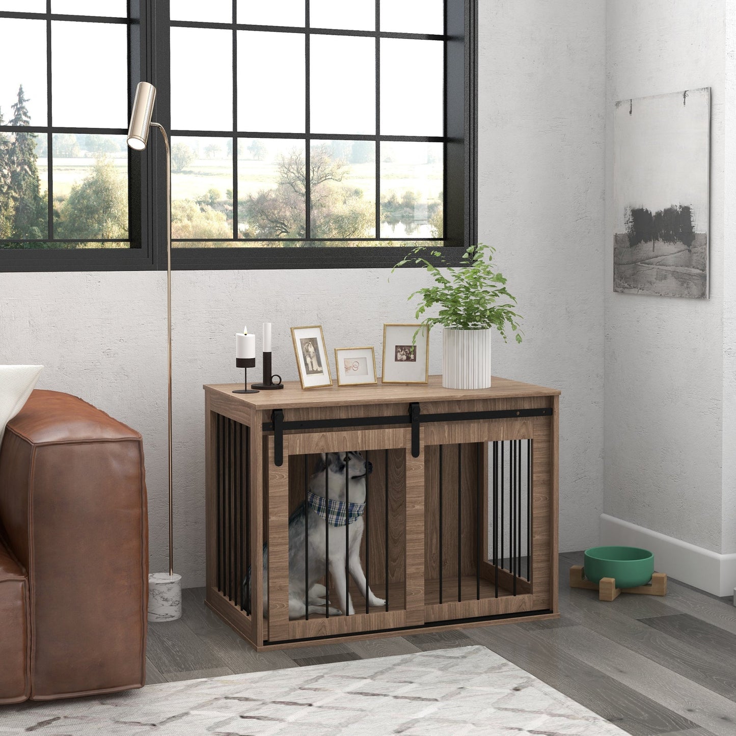 PawHut Brown Wood Dog Crate End Table for Home, Large Dogs